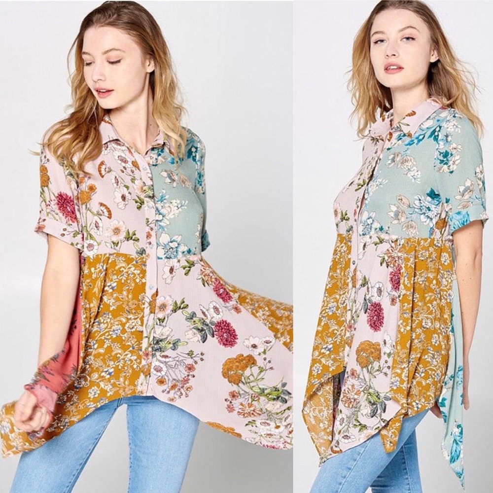NWOT! Asymmetrical hemline patchwork button-up blouse
